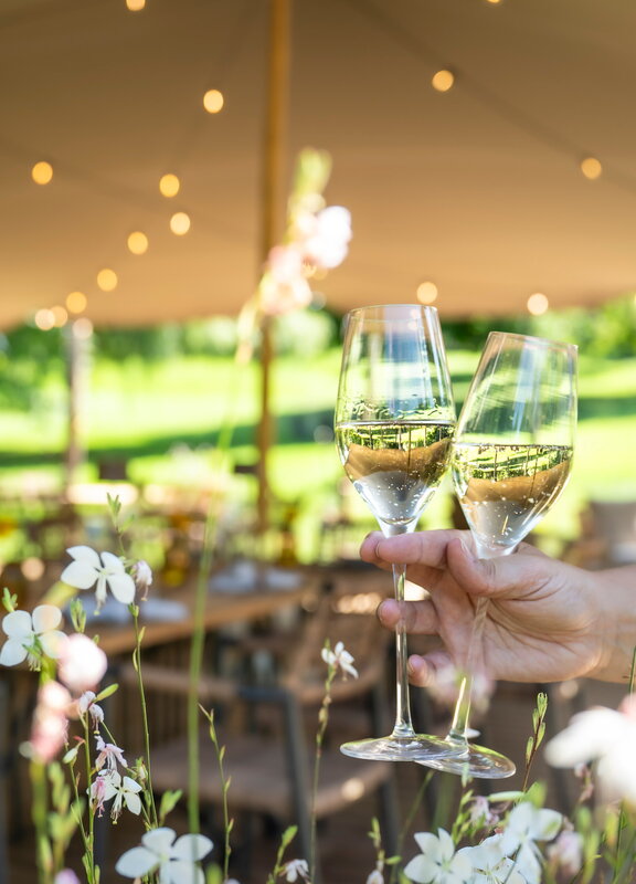 2 Gläser Sekt umrahmt von Blumen vor der Freiluft-Eventlocation Grüner Salon von Schloss Kaarz